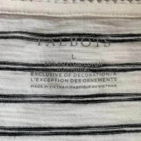 Talbots 50%  cotton/50% modal, lightweight hi-lo, white w black stripes T-shirt - Picture 4 of 6